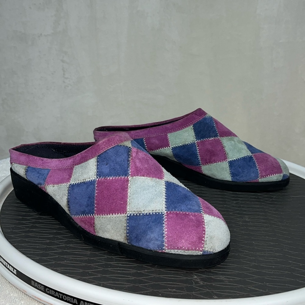 VTG 90s Patchwork Suede Slip-On Mules in Purple, Blue & Cream